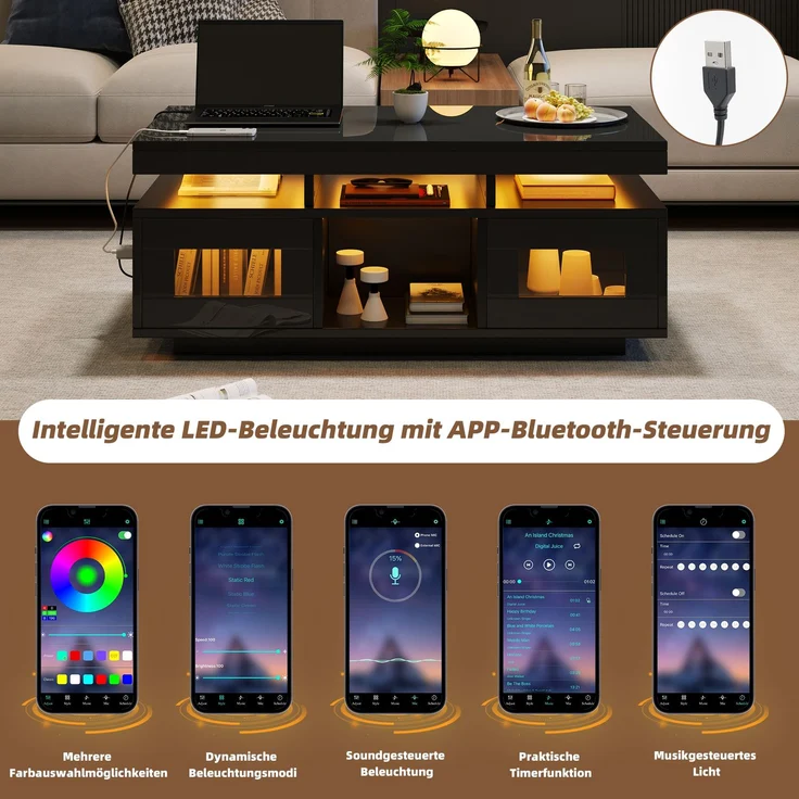 EINHOM 100 x 50 x 43 cm Schwarz Hochglanz-Couchtisch, mit Per Mobiler APP Steuerbaren LED-Leuchten, Wohnzimmertisch mit Schrank, Sofatisch mit Ladeanschluss und Steckdose, Geeignet für Büro, Arbeitszimmer – Bild 5