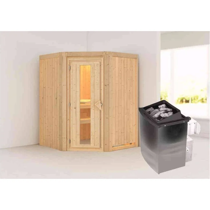 Karibu Sauna Larin + 9kW Saunaofen mit integrierter Steuerung Klarglas Ganzglastür – Bild 2
