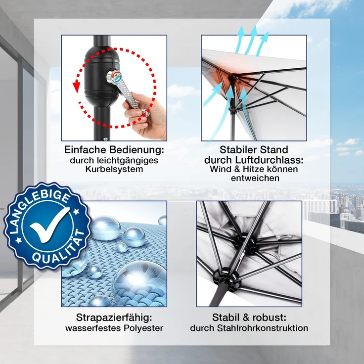 EASYmaxx Sonnenschirm rechteckig, 230 x 140 cm für Balkon und Terasse, mit praktischer Handkurbel & Sonnenschutz UV-Schutz 40+ – Bild 6