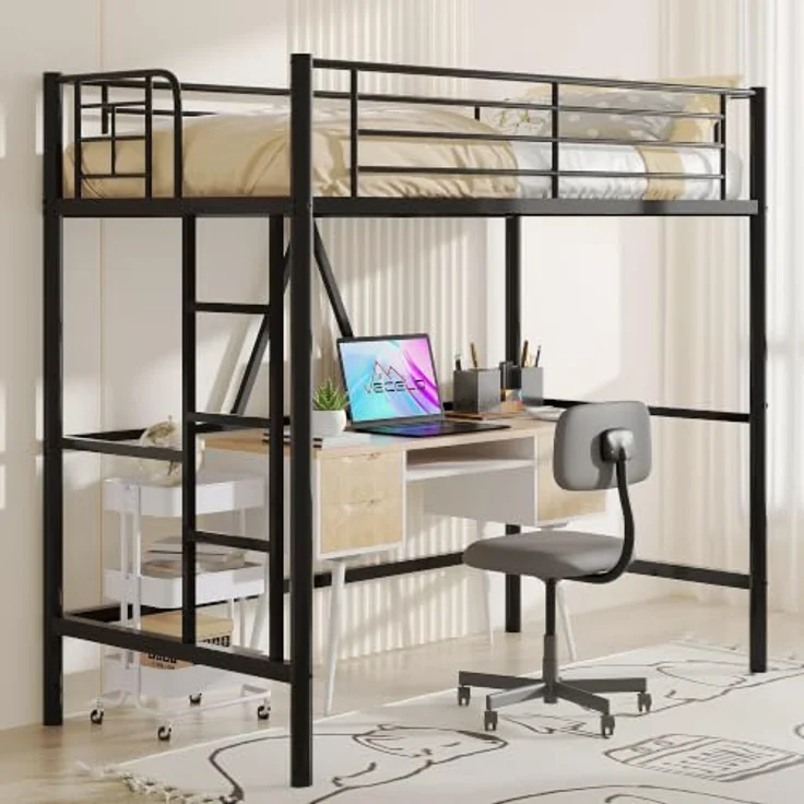 VECELO Hochbett 90 x 200 cm aus Metall, mit beidseitig montierbarer Leiter, hohem Sicherheitsgeländer, 150 cm Bodenfreiheit, geräuschfreie, platzsparend für Jugendliche und Erwachsene, Schwarz – Bild 7