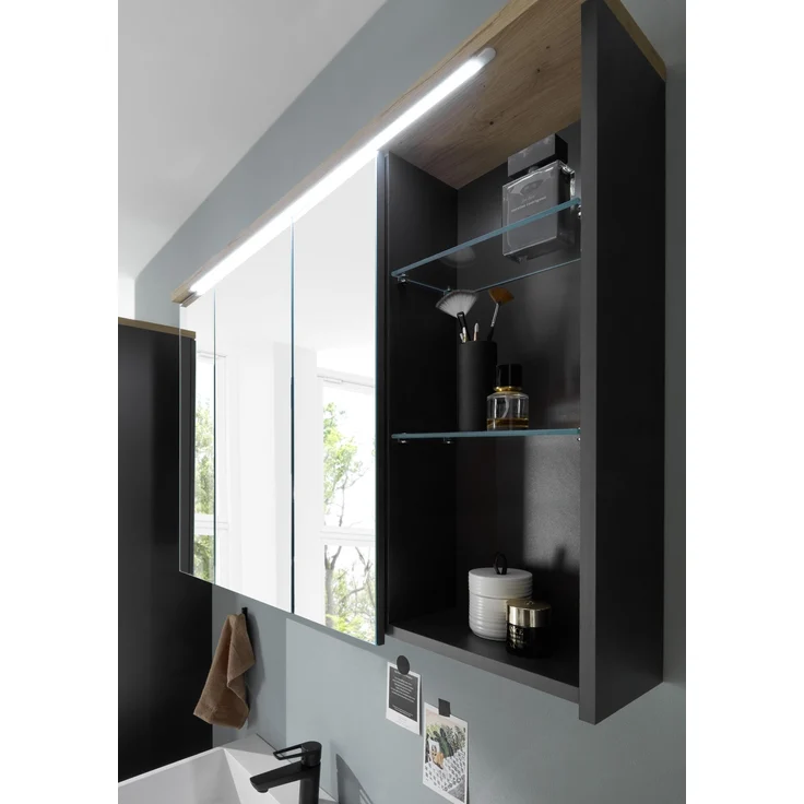 Badezimmerspiegelschrank >Memphis< Grau / Artisan Eiche Dekor - 110x70x20 (BxHxT) – Bild 5