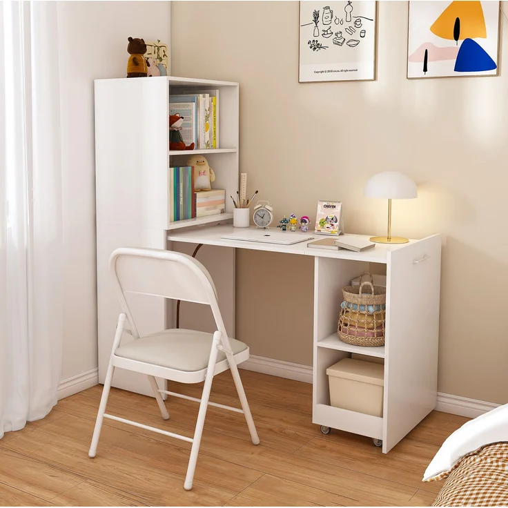 Ausziehbarer Schreibtisch aus MDF mit Stauraumschrank und verstellbaren Ablagen, 126x55x136 cm, Weiß – Bild 2