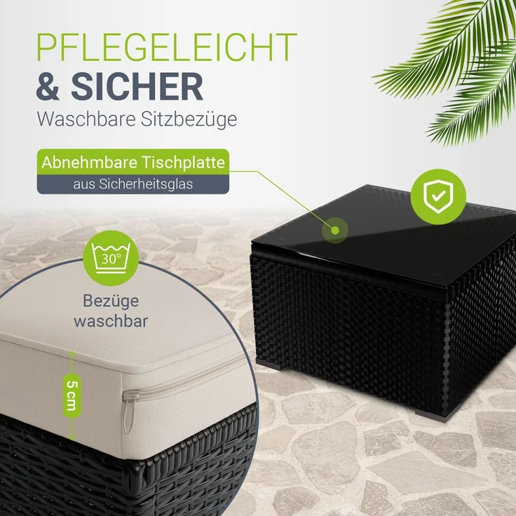 Juskys Polyrattan Lounge Punta Cana M schwarz inkl. Abdeckung – Gartenlounge Set für 3-4 Personen – Sitzgruppe mit Sofa, Tisch & Hocker - Sitzbezüge in Creme – Bild 3