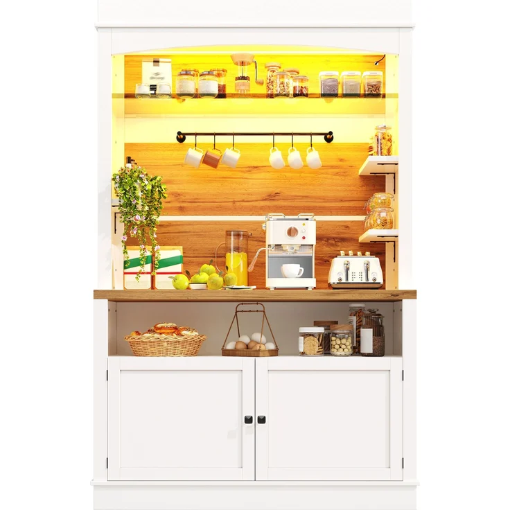 Set mit 2 Hochschränken mit LED-Beleuchtung, 184cm hoher Buffetschrank mit Glasregal & Hakenleiste, Weiß, belastbar bis 60kg--Weiß--107x34x184cm--YOUDENOVA – Bild 10