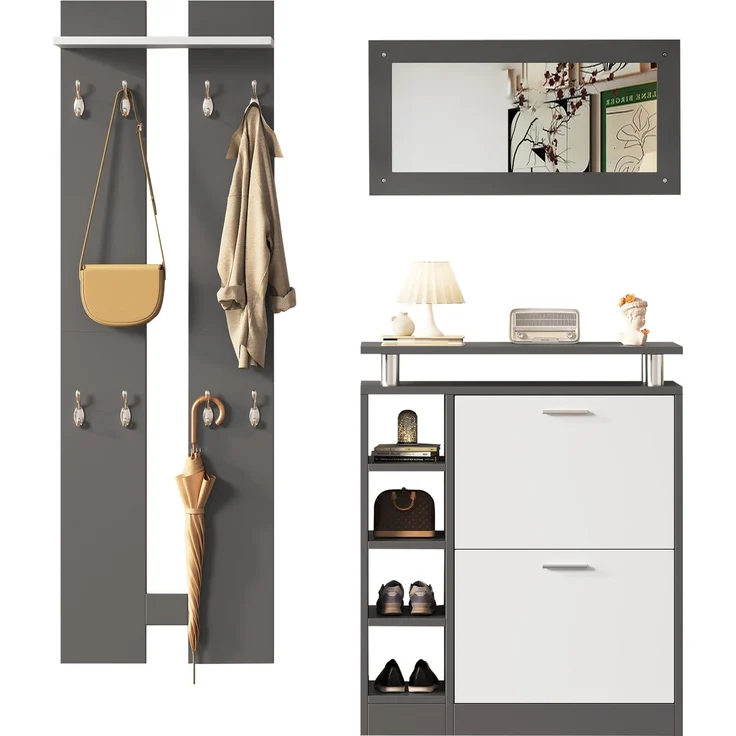 Wandgarderoben-Set 80 x 25 x 96.5 cm, inkl, Spiegel, 2 Wandpaneelen, einer Regalwand und einem Schuhschrank, Korpus anthrazitgrau matt, Flurmöbel, Flurtrockenständer, Flurgarderobe, Schuhwechsler-Set,--Grau, Weiß--91x50.5x19cm--YOUDENOVA – Bild 7