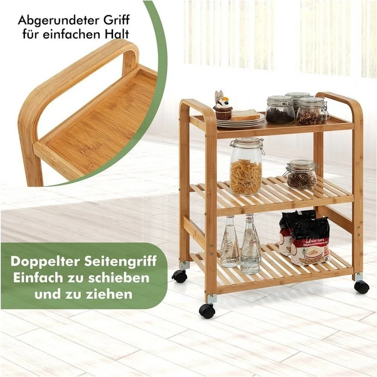 COSTWAY Servierwagen mit 3 Ablagen, Griffen & abnehmbarem Rollen, Küchenwagen Bambus auf Rädern, Mobiler Allzweckwagen Rollwagen Lagerregal für Küche, Flur & Bad, 58 x 33 x 76 cm – Bild 3