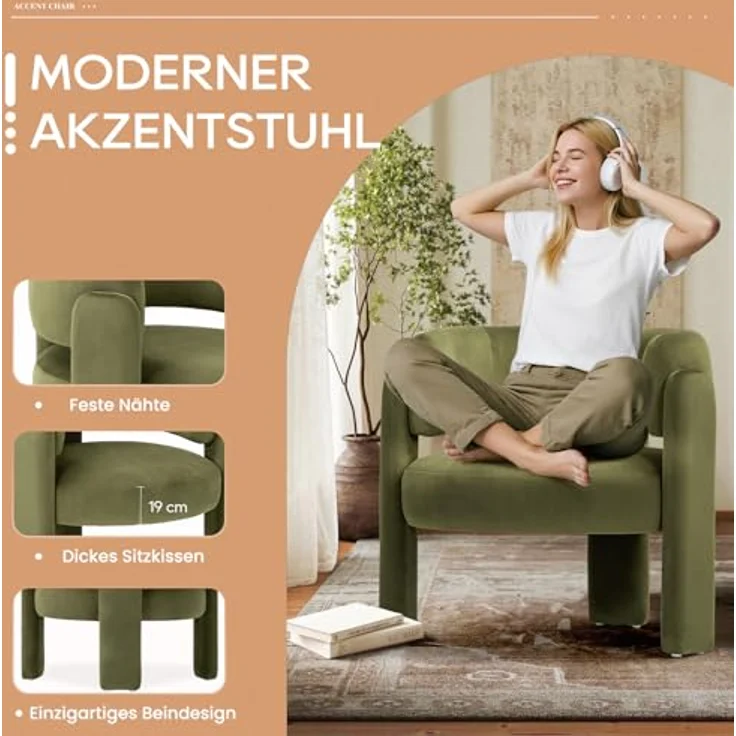 COLAMY Modern Velvet Ohrensessel 2er Set, Gepolsterter Sessel Wohnzimmer, Bequemer Runder loungesessel mit 3 Beinen für Wohnzimmer, Schlafzimmer, Leseecke, Grün – Bild 5