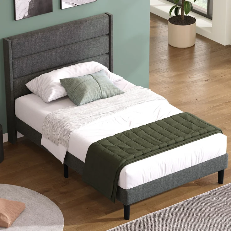 Polsterbett 90x200 cm mit Lattenrost und gepolstertem Kopfteil, Leinenbezug in Grau, zeitloses modernes Design, Jugendbett – Bild 4