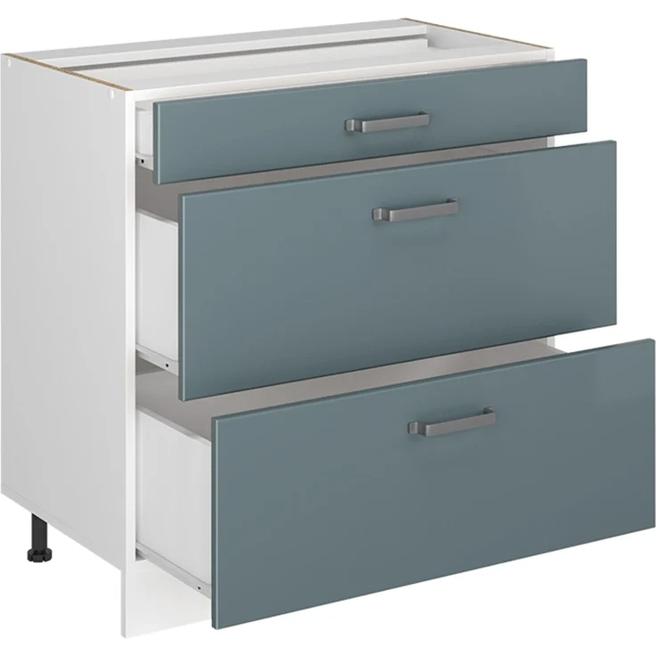 Küchenunterschrank R-Line Blau-Grau/Weiß 80 cm mit 3 Schubladen Arbeitsplatte Marmor Vicco – Bild 3