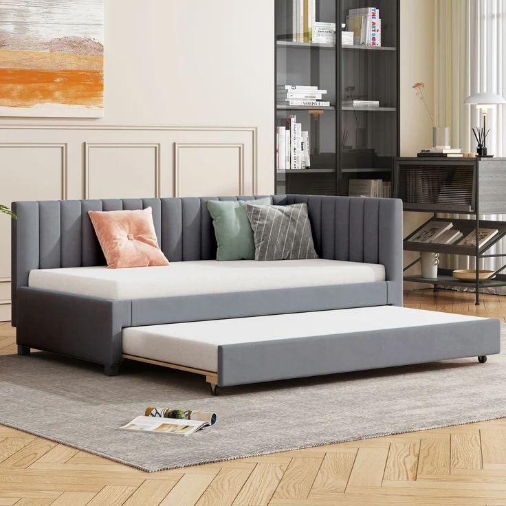 Polsterbett 90*200, Ausziehbares Schlafsofa, Multifunktionsbett mit Lattenrost, Jugendbetten Kinderbetten Gästebetten, Samtstoff Grau – Bild 3