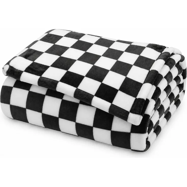Flanell-Kuscheldecke mit Schachbrettmuster für Sofa und Bett Lila-Weiß, 173x218 cm