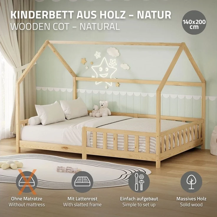 ML-DESIGN Spielbett Hausbett Kinderbett inkl. Lattenrost kreativ Bodenbett für Kinder, Abenteuerbett zum Spielen mit Rausfallschutz Kiefer Natur Himmelbett – Bild 2
