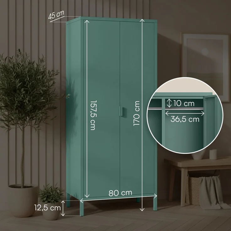 skølm 'Ituri' Kleiderschrank, Metall, 170x45x80 cm, dunkelgrün, Garderobe mit 4 Fächern und 2 Kleiderstangen – Bild 6