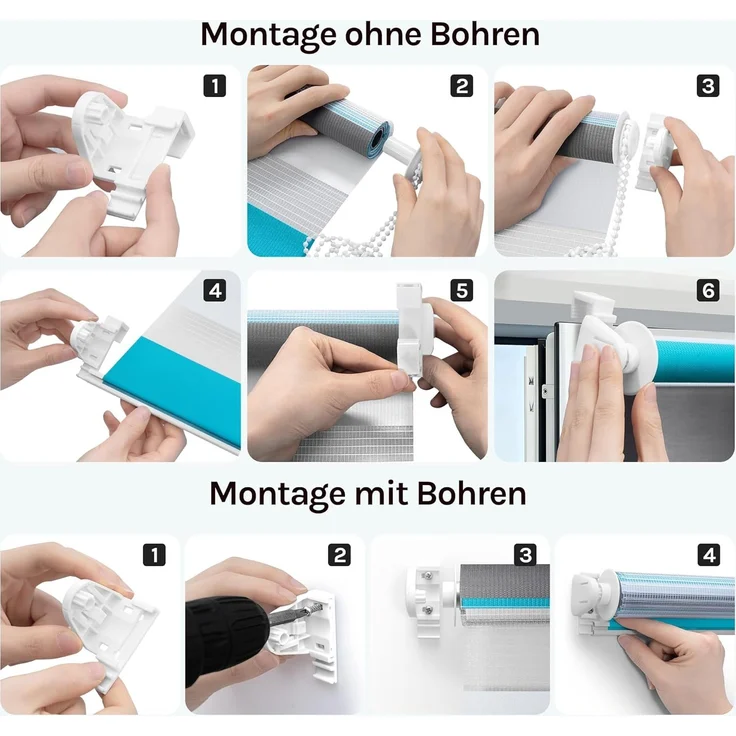 WOLTU Doppelrollo Klemmfix ohne Bohren Weiß+Grau+Türkis B85 x H150 cm, Duo Rollo Zebrarollo Fensterrollo Klemmrollo Seitenzugrollo Easyfix lichtdurchlässig & verdunkelnd Rollos für Fenster und Tür – Bild 7