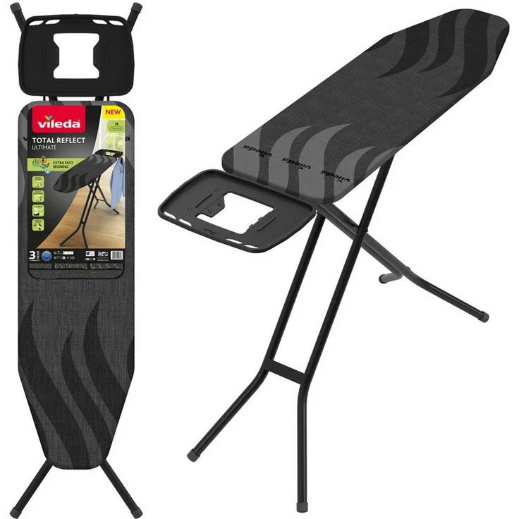 Vileda Bügelbrett TOTAL Reflect Ultimate |extra schnelles Bügeln|extra robust| breite Bügelfläche| höhenverstellbar| XXL‑Ablage| leicht zusammenklappbar| einfache Aufbewahrung| Comfort-Pack – Bild 1