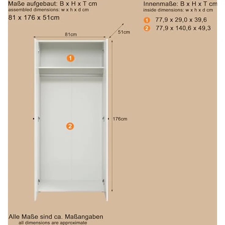 trendteam smart living - Basics - Kleiderschrank - Weiß - Garderobenschrank mit 2 Türen, 1 Hutablage und 1 Kleiderstange - (BxHxT) 81 x 176 x 51 cm - Moderner Stil – Bild 4