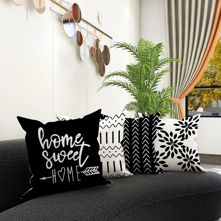 Kissenbezüge 45 × 45 cm 4er-Set Schwarz, Moderne Outdoor Leinen Dekokissen für Sofa Bett Auto – Bild 3