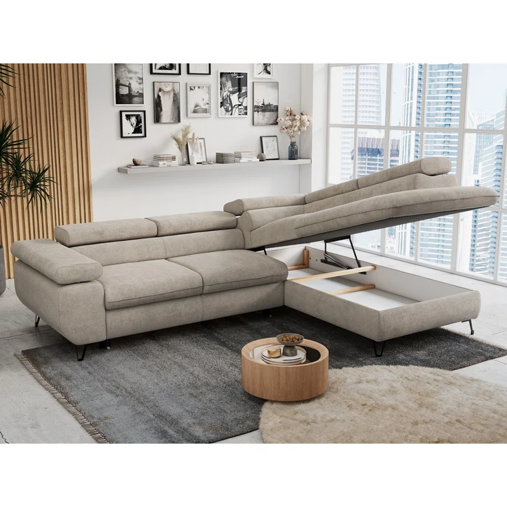Mks Möbel 'Peter L-form' Ecksofa mit Bettfunktion, Bettkasten & einstellbaren Kopfstützen, Beige, Stoff, mit Topper, rechts – Bild 3