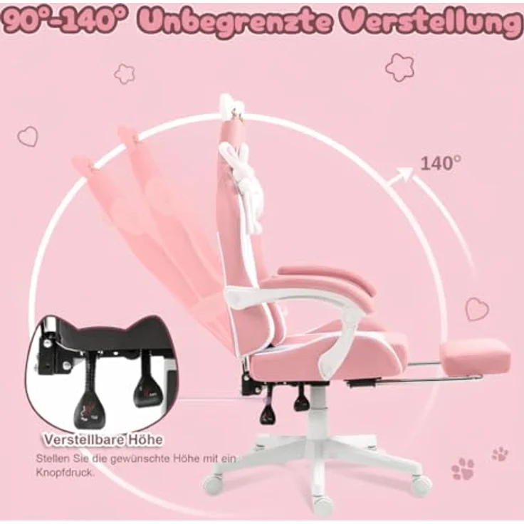 Dowinx Gaming Stuhl - Süße Katze Edition - Ergonomischer Computerstuhl mit Hoher Rückenlehne und Lendenwirbelstütze, PU-Leder, Fußstütze,Rosa – Bild 8