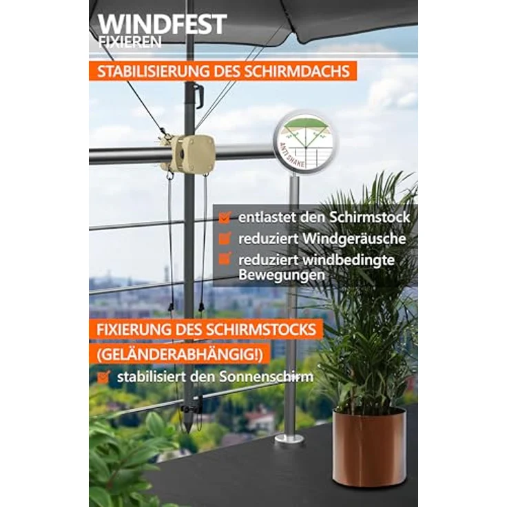 4smile 2 x Sonnenschirmhalter Balkongeländer SunnyBoy 3.0 + Windsicherung für Schirme - Schirmhalterung Balkongeländer als Sonnenschirmständer Balkon - Sonnenschirm Halterung Balkon, Sandbraun – Bild 5