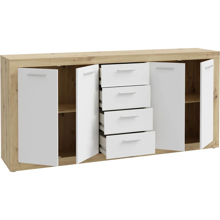 Forte BACCIO Kommode 200, modernes Sideboard mit 4 Schubladen und Türen, Holzwerkstoff, Artisan Eiche Holzdekor | Weiß, 197,1 cm breit x 91,9 cm hoch x 41 cm tief – Bild 5