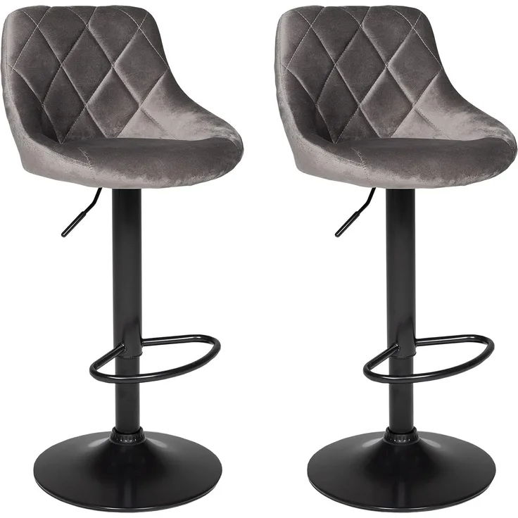 Happy Garden 2er Set Barhockern aus grauem Samt Robin. Küchenstuhl in modernem Design mit Sitzfläche, höhenverstellbar, um 360° drehbar und Fußstütze. Hocker mit Rückenlehne aus Samt