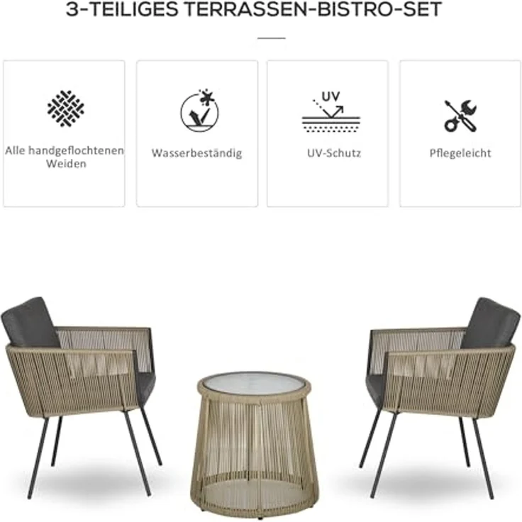 Outsunny Gartenlounge-Set Rattan Gartenmöbel-Set mit 2 Gartenstühle, Beistelltisch, (Sitzgruppe, 3-tlg, Gartengarnitur), für Balkon, Stahl, Grau – Bild 3