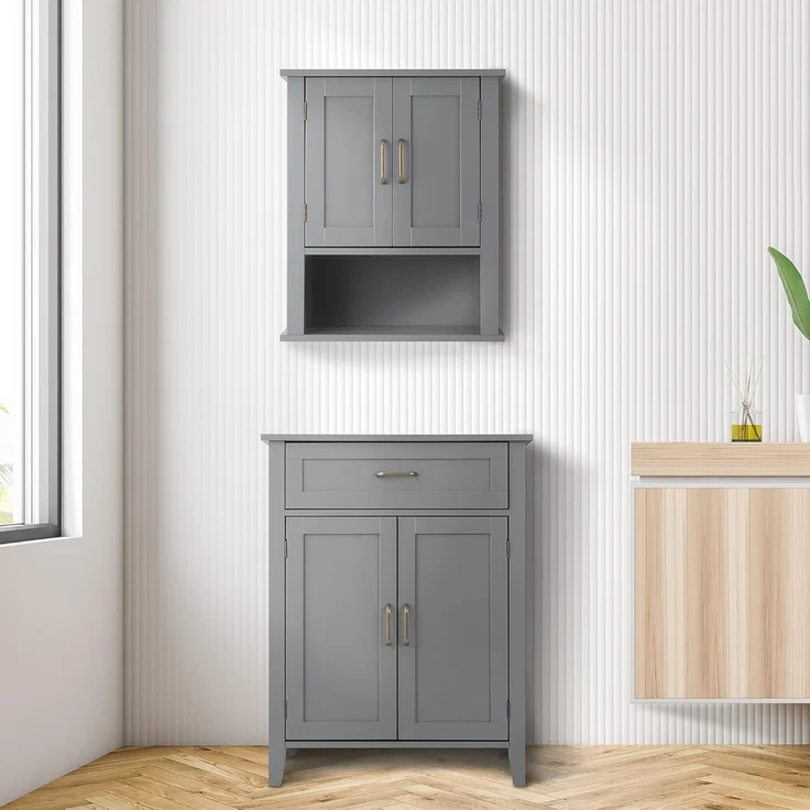 Teamson Home Mercer Holz Badezimmermöbel Boden Aufbewahrungsschrank Schublade & Verstellbare Regale Grau EHF-F0018 – Bild 5