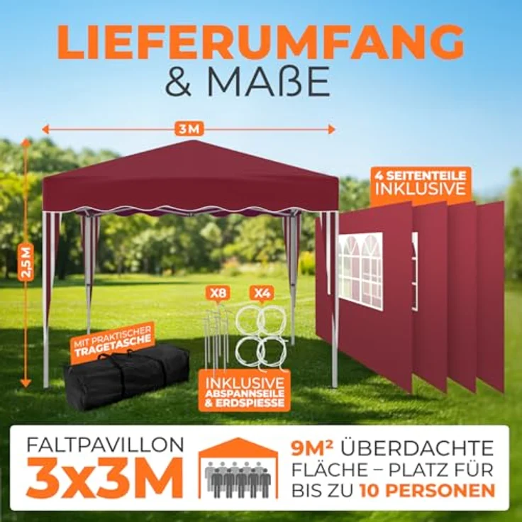 Faltpavillon 3x3 m - wasserdicht - mit 4 Seitenteilen, rot – Bild 3