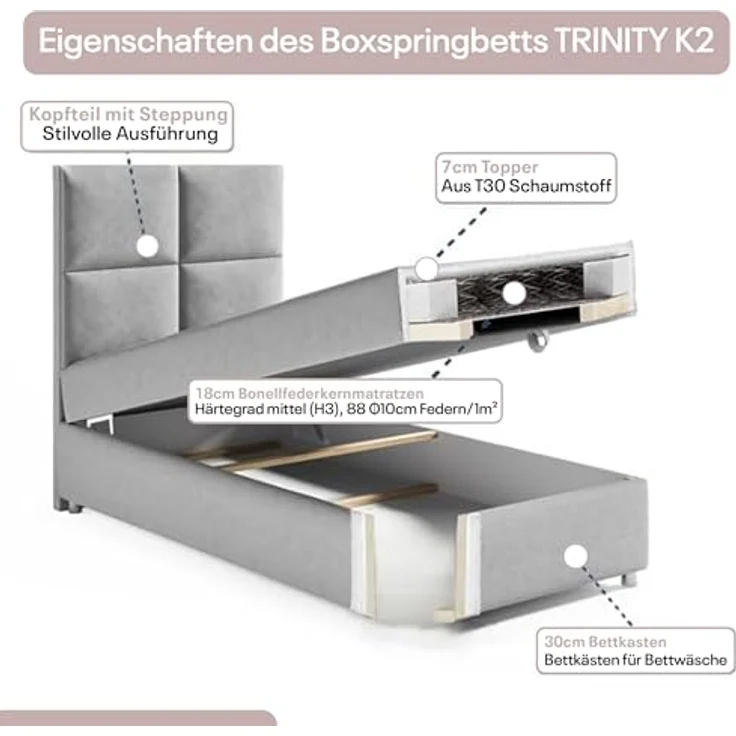 Best For Home Boxbett Trinity K-2, Rosa, Boxspringbett mit Bettkasten, 80x200 cm – Bild 4