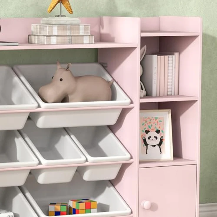 AIYAPLAY Kinderregal mit 8 herausnehmbaren Boxen, 4 offenen Fächern, 2 Schränkfach, Kinderregal 1-tlg, für Kinderzimmer, Spielzimmer, Wohnzimmer, 140 x 30 x 90 cm, Rosa – Bild 7