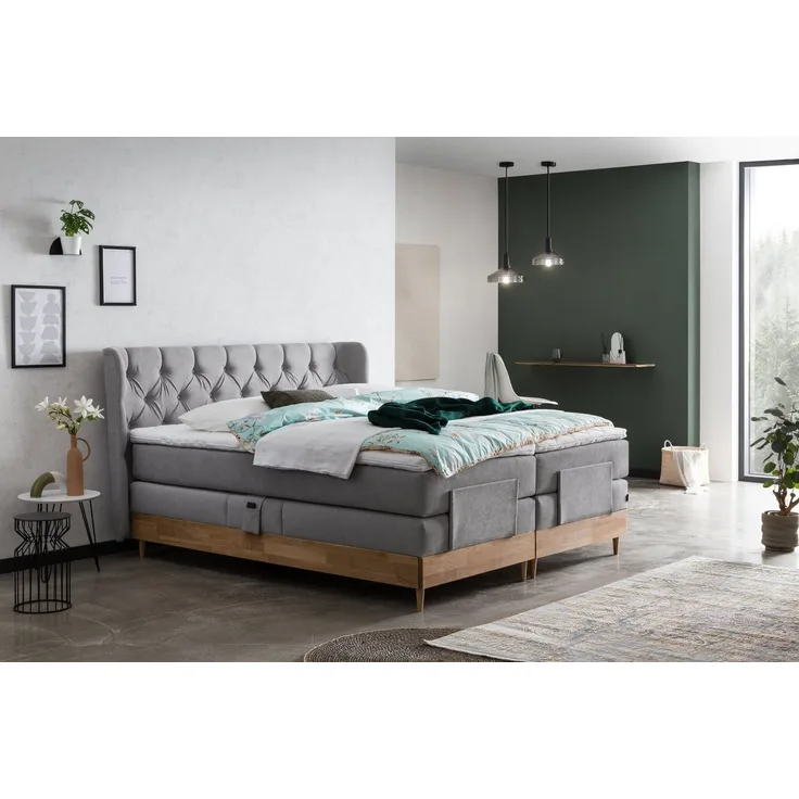 Belanoti Boxspringbett EON (Boxspringbett 180x200 elektrisch verstellbar Bett 180x200 mit Motor, 7-Zonen Taschenfederkern Matratze inklusive Visco Topper), in der Farbe Hellgrau H2/H3 Polsterbett Motorbett mit Eiche