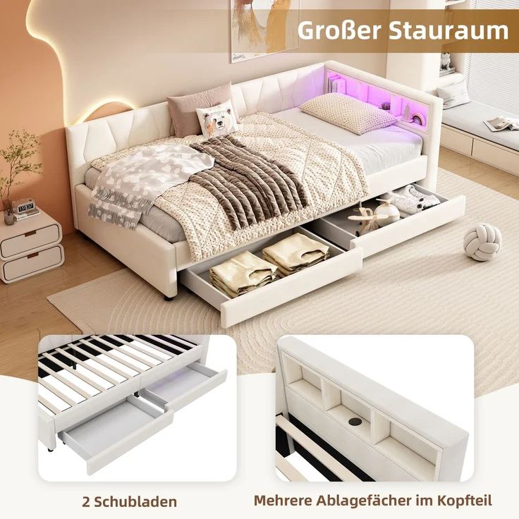 Merax Daybett, 90*200cm, Tagesbett, Schlafsofa, Ablagefach am Bett, USB+Typ C, Fernbedienung für LED-Umgebungslicht, Bett mit zwei Schubladen, Bett mit Lattenrost (ohne Matratze), Leinen, Beige – Bild 6