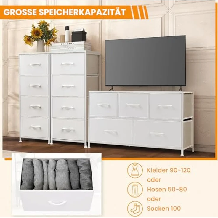DUMOS Kommode mit Schubladen - kommoden & Sideboards für Schlafzimmer Geeignet, Komodenschrank mit 4 Schubladen, Stoffkommode mit Stabilem Stahlrahmen, Ideal für Schlafzimmer, Wohnzimmer (Weiß) – Bild 4