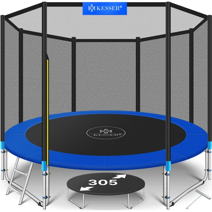KESSER® - Trampolin | TÜV SÜD GS Zertifiziert | Komplettset mit Sicherheitsnetz, Leiter, Randabdeckung & Zubehör | Kindertrampolin Gartentrampolin Belastbarkeit 150 kg Blau, 305 cm