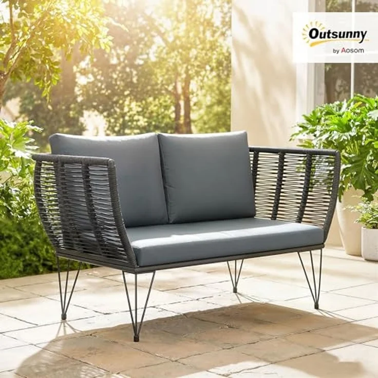 Outsunny Gartensofa 2-Sitzer Sofa mit Kissen, Balkon Sofa 1 Teile, 123 x 67 x 72 cm Hellgrau – Bild 2