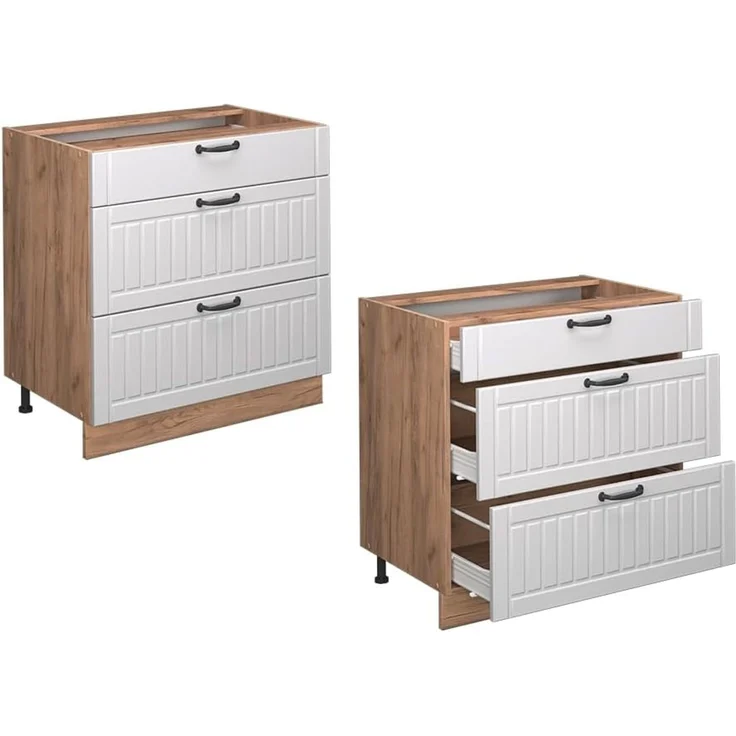 Küchenunterschrank Fame-Line Weiß Landhaus 80 cm mit 3 Schubladen, AP Eiche Vicco – Bild 6