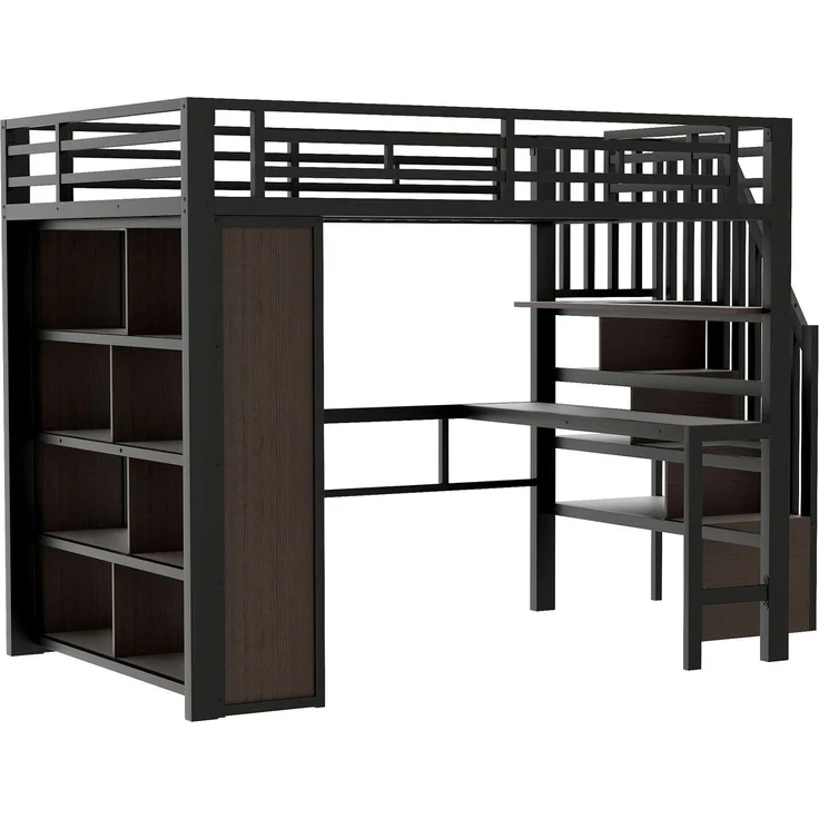 Hochbett mit RGB LED-Streifen, Schreibtisch, Bücherregal, Lattenrost, Treppe, Rausfallschutz, 140x200cm, Metallbett, Kinderbett – Bild 8