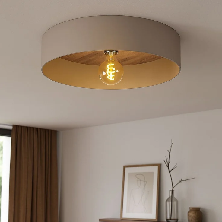 LED Deckenleuchte, Stahl, Holz, Taupe, Messing, D 42 cm – Bild 2