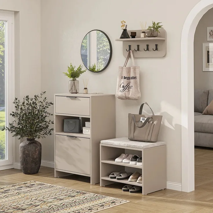 Roomart LENA Garderobenset 4-teilig – Schuhschrank, Sitzbank, Wandgarderobe & runder Spiegel – kompakte Flurgarderobe 120 cm – H 95 x B 60 x T 37 cm (Schuhschrank) • Beige
