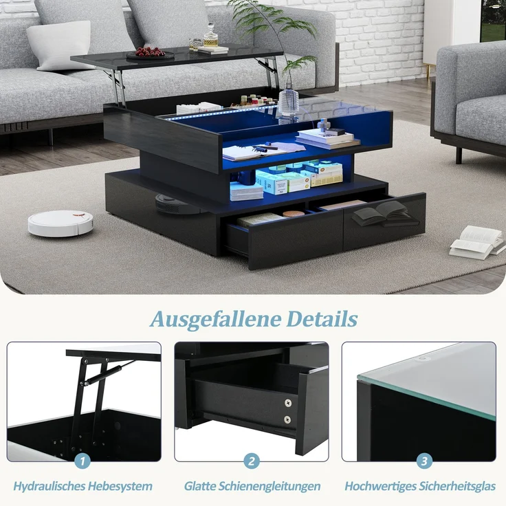 Abrihome Couchtisch mit 360° drehbarer Tischplatte und Anhebbarer, Schwarz, 45x80x80 cm – Bild 7