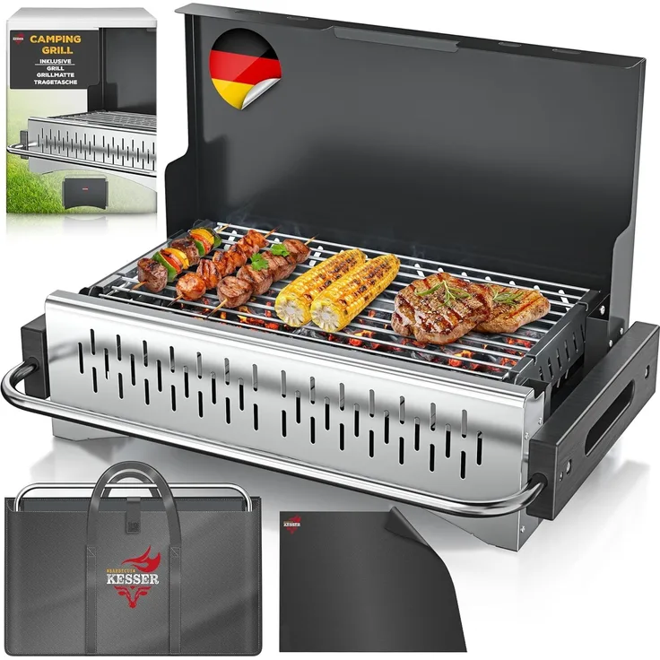 KESSER® Klappgrill, tragbarer Holzkohlegrill aus pulverbeschichtetem Stahl inkl. Grillrost, Grillmatte & Tragetasche, Schwarz, 38 x 50 x 34 cm
