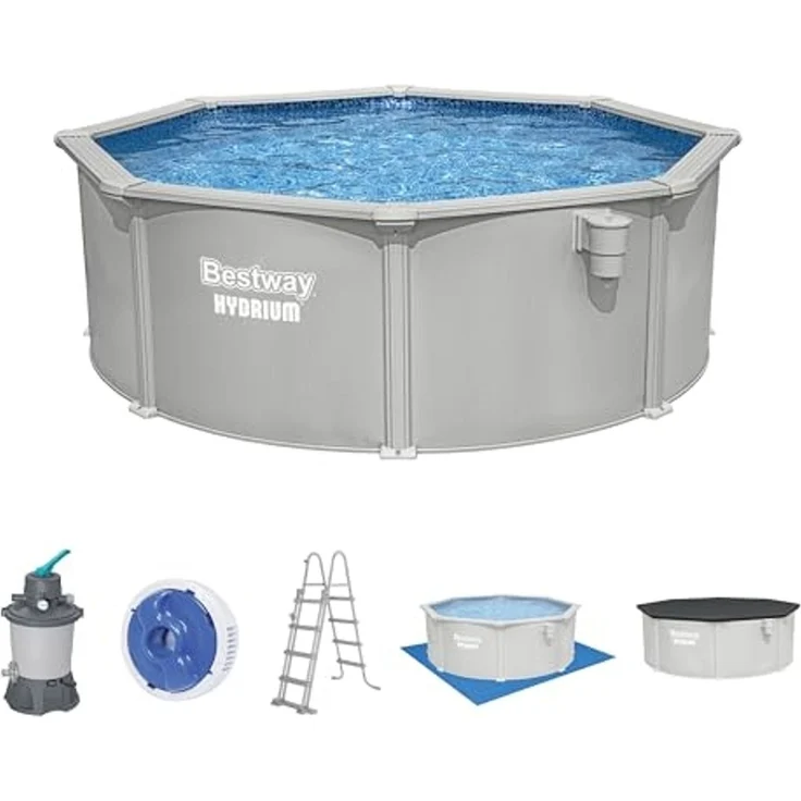 Bestway 56574 Hydrium Stahlwandpool Komplett Set mit Sandfilteranlage Ø 366 x 122 cm, granitgrau, rund – Bild 1
