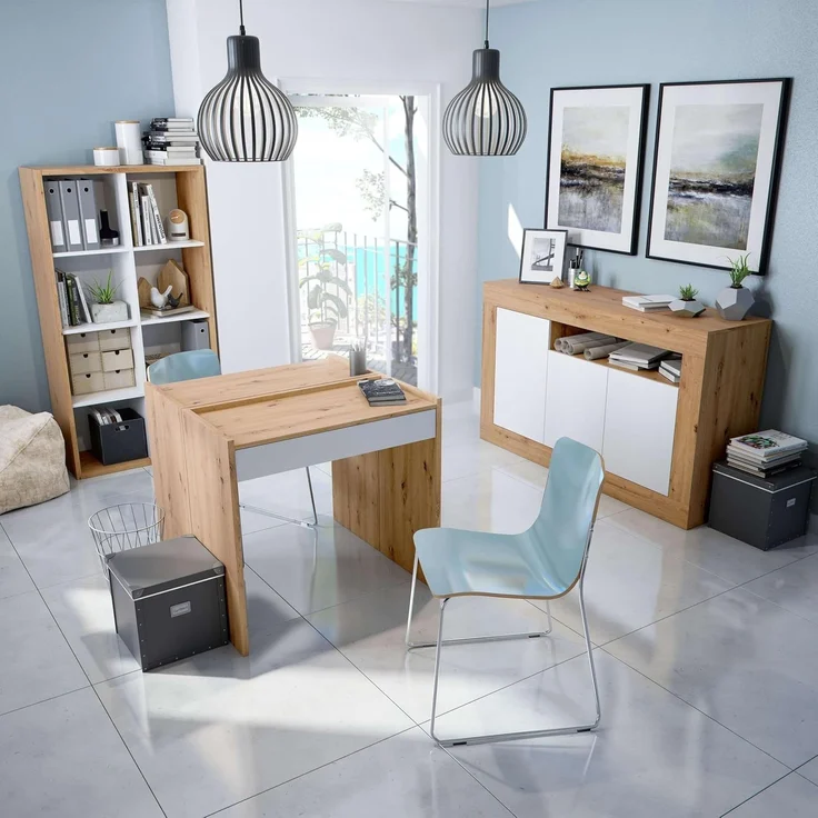 Habitdesign Anrichte mit 3 Türen, Buffet für Wohnzimmer, Beistellschrank, Modell Baltik, Weiß Artik und Nodi-Eiche, Maße: 144 cm (B) x 87 cm (H) x 42 cm (T) – Bild 6