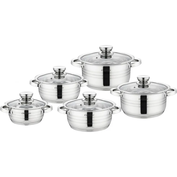 Kochtopf Kasserolle Topf Set mit Glasdeckel 10-tlg Edelstahl Cheffinger SS10