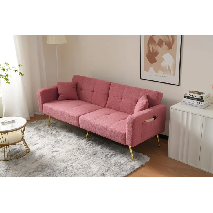 Wohnora-Schlafsofa mit Bettfunktion, verstellbarem Winkel, goldenen Beinen, mit Kissen und seitlichen Aufbewahrungstaschen,H 72cm x T 175cm x B 64cm,Rosa