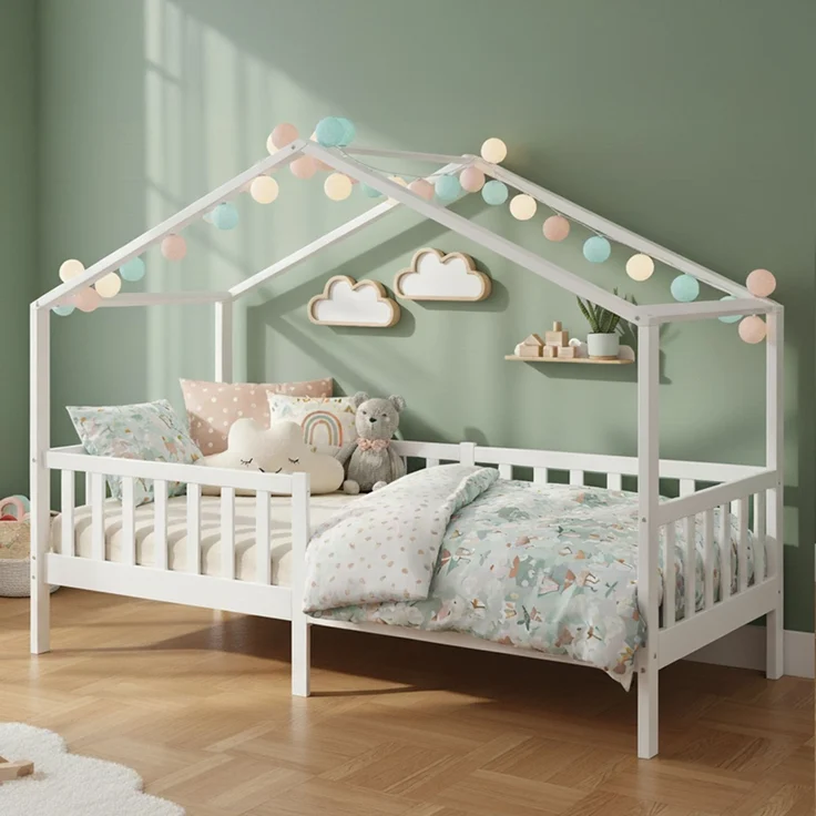 Bellabino 'Bia' Hausbett 90x200 cm, weiß, Kiefer Massivholz, Montessori Kinderbett mit Rausfallschutz und Lattenrost – Bild 1