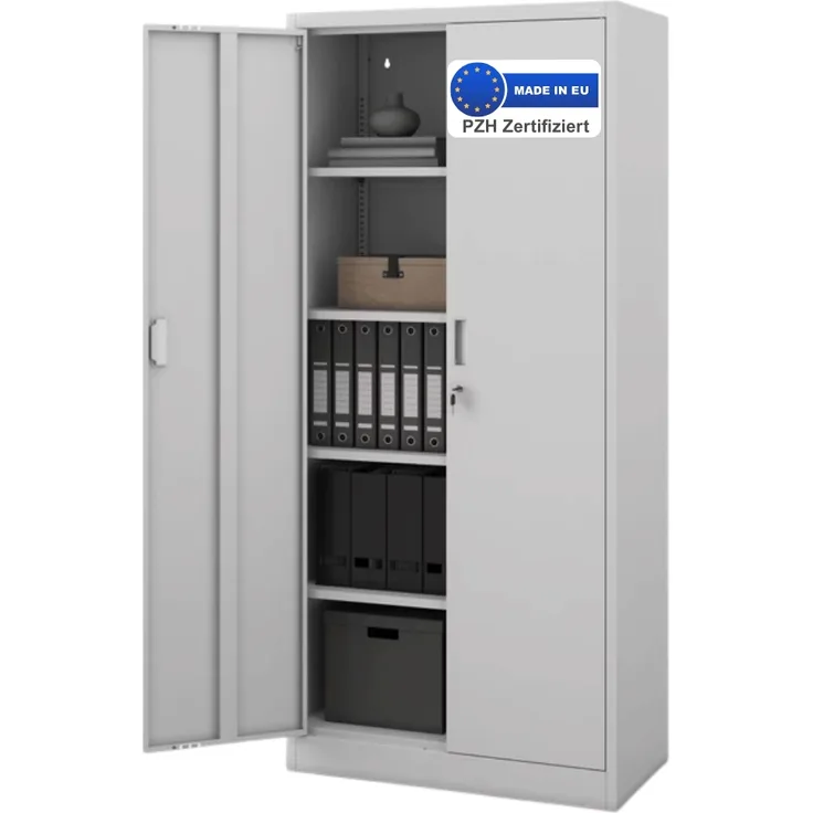 Aktenschrank abschließbar KADO - 5 Ebenen verstellbar, Flügeltüren | Metallschrank Werkstatt Mehrzweckschrank Büroschrank aus Stahl Werkzeugschrank, 175x80x40cm Grau