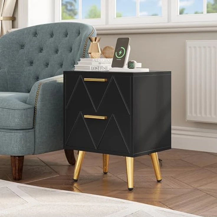 YITAHOME Nachttisch mit 2 Schubladen, 2 USB-Anschlüssen und Steckdosen, Nachtkommode mit Goldenen Metallbeinen und Griffen, Beistelltisch mit Stauraum für Wohnzimmer, Schlafzimmer, 40 x 30 x 52 cm, Schwarz – Bild 7