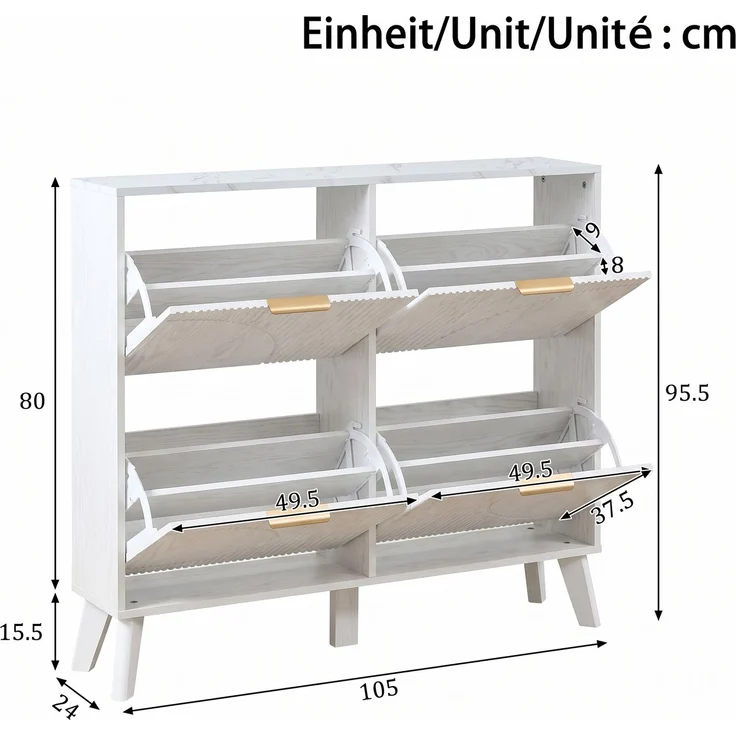 ZUBALIYA Schuhschrank (105 x 24 x 95,5 cm), 4 Klappfächer, Strukturierte Fronten, Stauraum für Flur und Eingangsbereich, Weiß – Bild 4